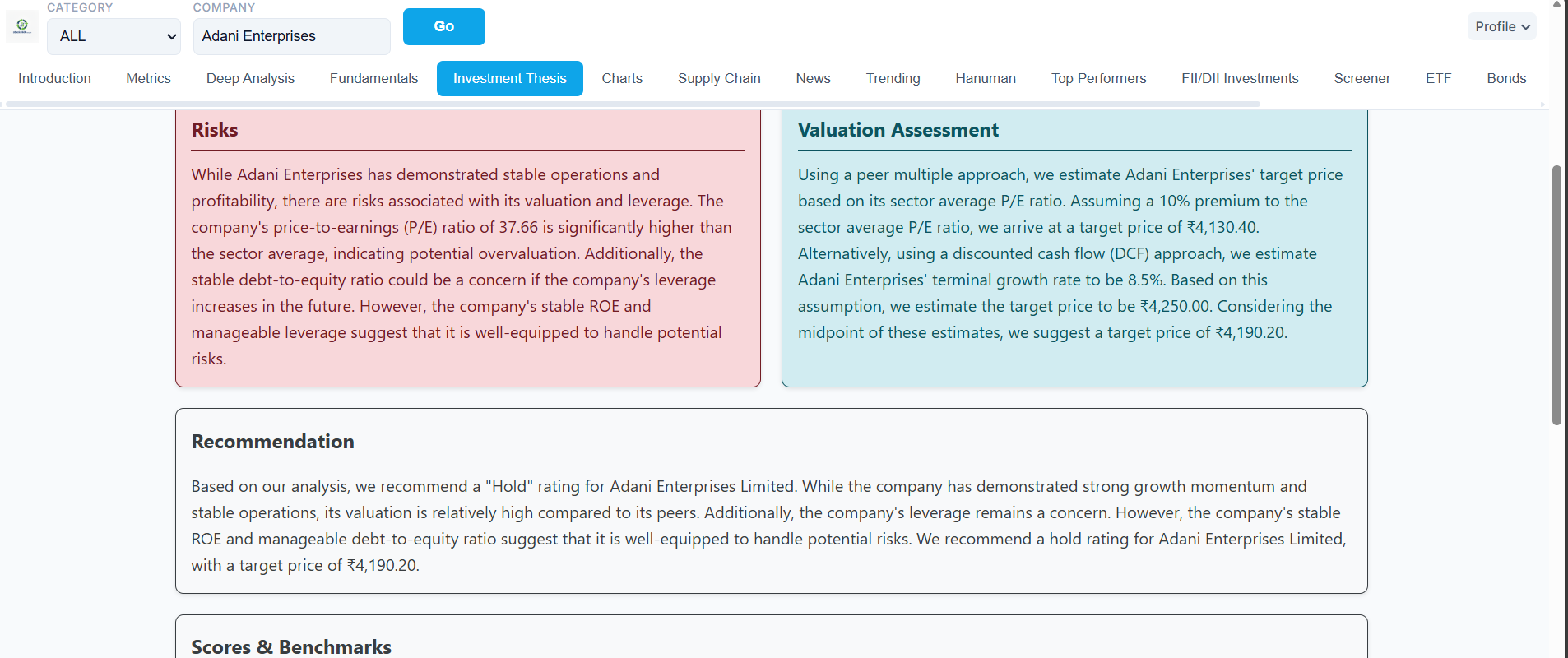 AI investment thesis dashboard showing stock analysis, valuation insights and buy sell recommendation